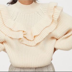 H&M Ruffle Beige Oversized Fringe Sweater Rib-Knit Balloon Sleeve